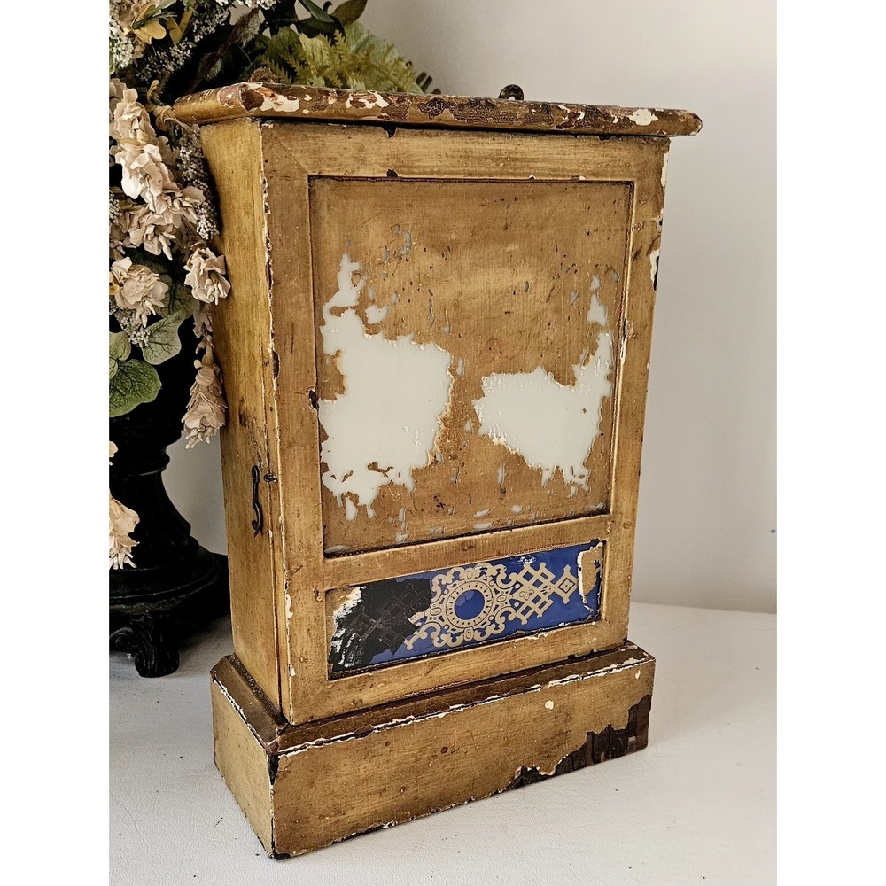 Primitive Wood Wall Cabinet Old Mustard Yellow Glass Panels